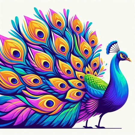 Peacock with colorful feathers on white background. Vector illustration.のイラスト素材