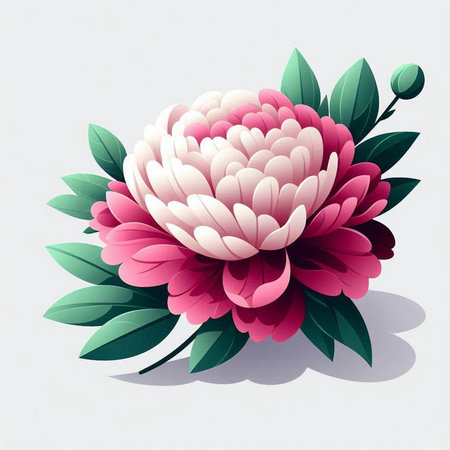 Illustration of pink peony flower with green leaves on white backgroundのイラスト素材
