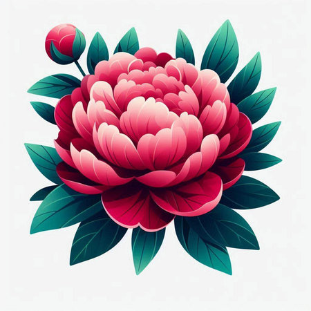 Red peony with green leaves on white background. Vector illustration.のイラスト素材