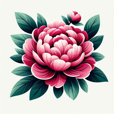 Beautiful pink peony flower with green leaves. Vector illustration.のイラスト素材