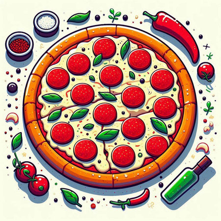 Pizza with pepperoni, tomato and basil. Vector illustration.のイラスト素材