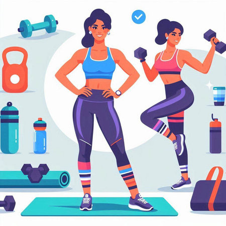 Fitness woman with dumbbells and bottle of water. Vector illustrationのイラスト素材