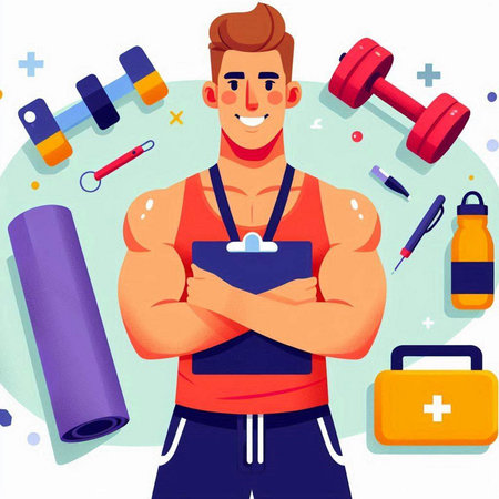 Healthy young man in sportswear with dumbbells and yoga mat. Vector illustrationのイラスト素材