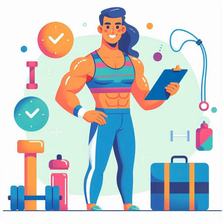 Fitness and healthy lifestyle concept vector illustration. Cartoon man in sportswear standing near sports equipment.のイラスト素材