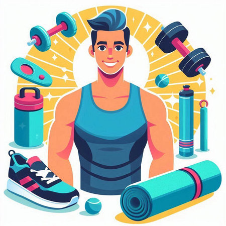 Fitness man with sport equipment. Vector illustration in cartoon style.のイラスト素材