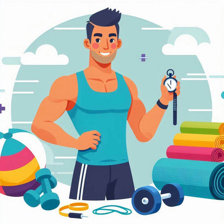 Fitness man in sportswear with sports equipment. Vector illustrationのイラスト素材