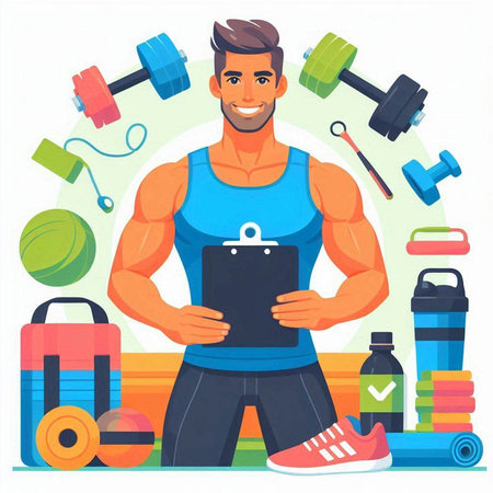 Fitness man in sportswear with clipboard and equipment. Vector illustration in cartoon styleのイラスト素材