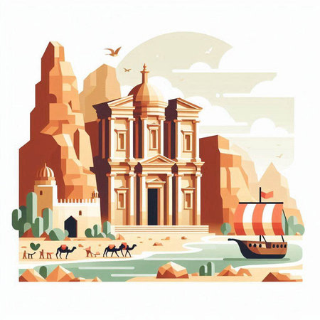Egypt travel poster with ancient city landmarks. Vector illustration in flat styleのイラスト素材