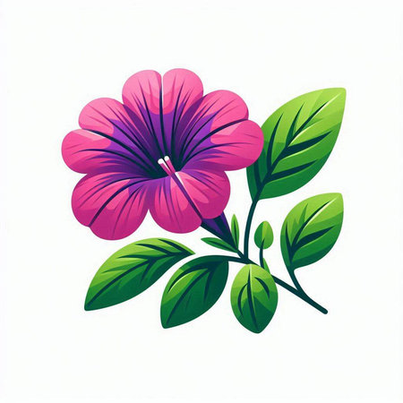 Illustration of a pink flower with green leaves on a white backgroundのイラスト素材