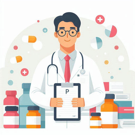Doctor with stethoscope and clipboard. Vector illustration in flat styleのイラスト素材