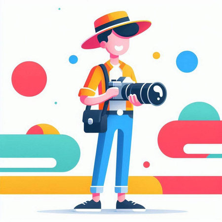 Photographer with camera in hand. Vector illustration in flat style.のイラスト素材