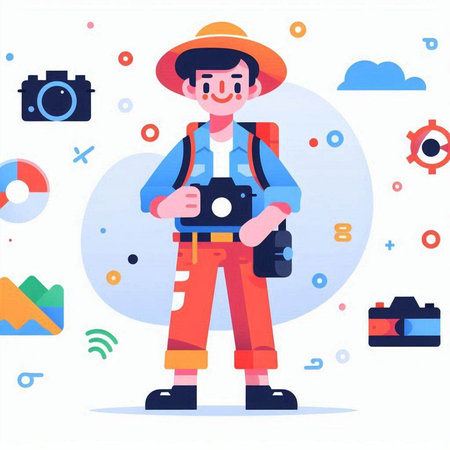 Photographer with camera in hand. Vector illustration in flat style.のイラスト素材