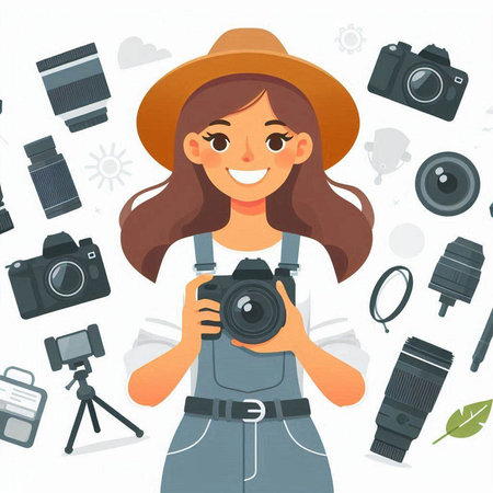 Beautiful young woman photographer with camera. Vector illustration in flat styleのイラスト素材