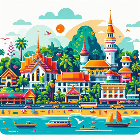 Thailand Landscape with Landmarks. Vector illustration in flat styleのイラスト素材