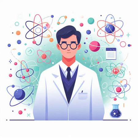 Scientist vector illustration. Cartoon scientist in white lab coat and glasses working with atom, molecule and chemical flask. Medicine and science conceptのイラスト素材