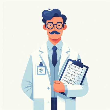 Male doctor in a white coat and glasses with a clipboard. Vector illustration in a flat styleのイラスト素材