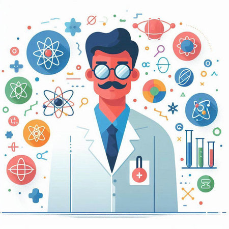 Scientist in flat style. Vector illustration of a scientist in a laboratory.のイラスト素材