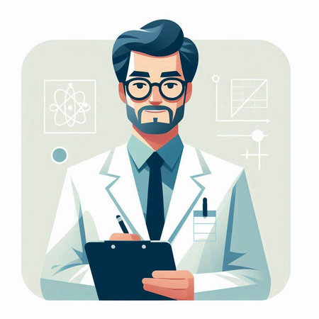 Scientist in white coat and glasses holding clipboard. Vector illustration in cartoon styleのイラスト素材