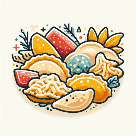 Illustration of different types of dumplings. Vector illustration.のイラスト素材