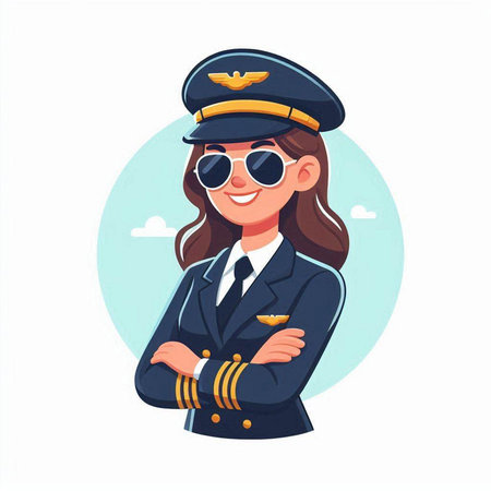 Beautiful girl in a pilot's cap and sunglasses. Vector illustrationのイラスト素材