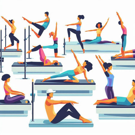 Group of young women practicing yoga in the gym. Flat vector illustration.のイラスト素材