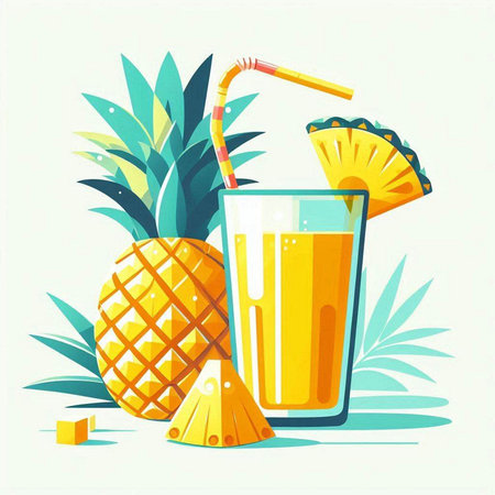 Pineapple juice in a glass with straw and pineapple. Vector illustration.のイラスト素材