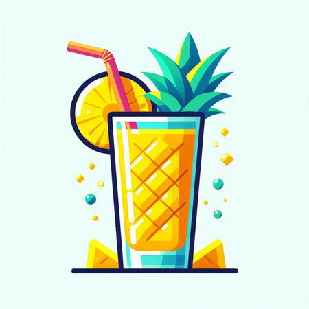 Cocktail flat vector illustration. Colorful summer cocktail with ice and straw.のイラスト素材