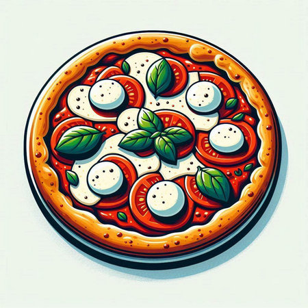 Pizza with mozzarella, tomato and basil. Vector illustration.のイラスト素材