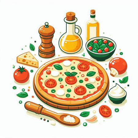 Vector illustration of pizza with ingredients. Isolated on white background.のイラスト素材