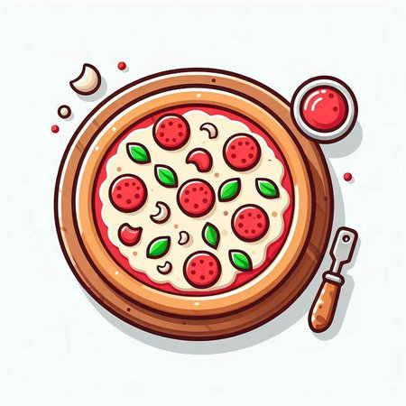Pizza with mozzarella cheese, tomato and basil. Vector illustration.のイラスト素材