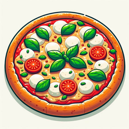Pizza with mozzarella, tomato and basil. Vector illustration.のイラスト素材