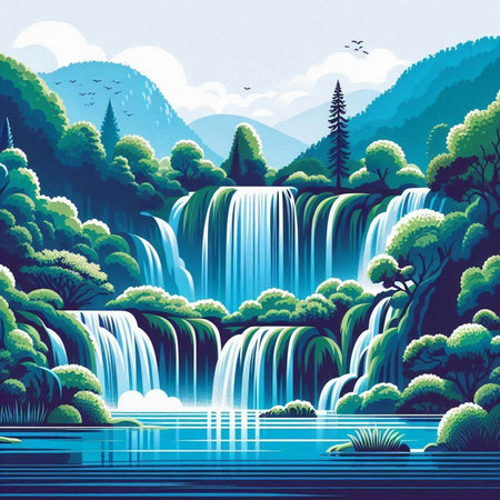 Waterfall in the mountains. Waterfall on the river. Vector illustrationのイラスト素材