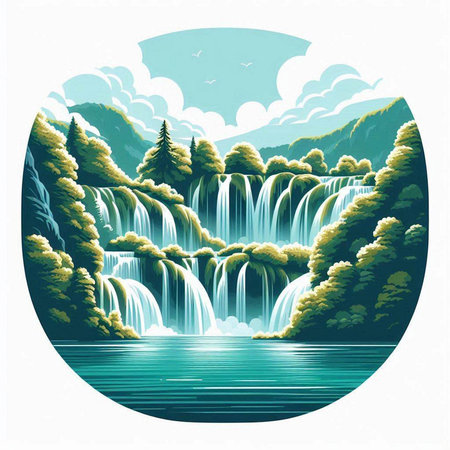 Waterfalls in the forest. Waterfall in the mountains. Vector illustration.のイラスト素材