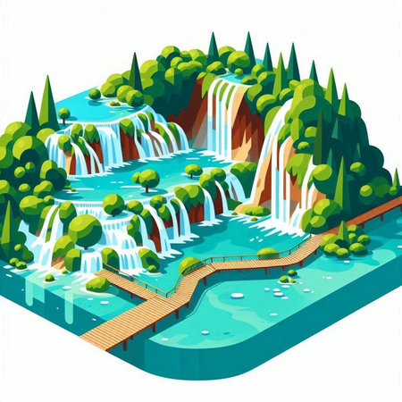Waterfall in the forest isometric vector illustration on white background.のイラスト素材
