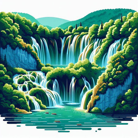 Illustration of a waterfall in a green forest, vector illustration.のイラスト素材