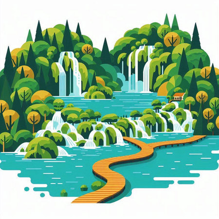 Waterfall in the forest. Waterfall in the forest. Vector illustrationのイラスト素材