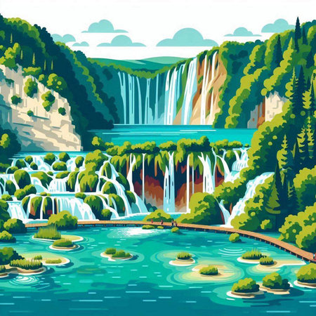 Waterfall in the forest. Cartoon vector illustration of a waterfall.のイラスト素材
