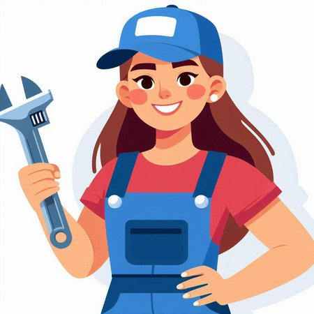 Plumber woman in uniform with wrench. Vector illustration in cartoon styleのイラスト素材