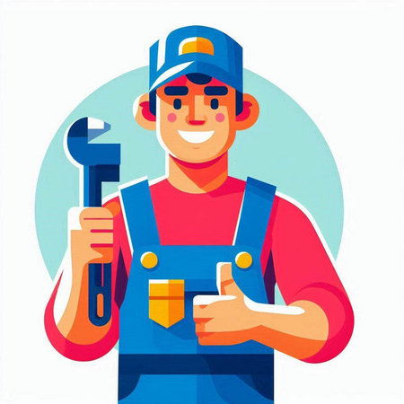 Plumber holding wrench and showing thumbs up. Vector illustration in cartoon styleのイラスト素材
