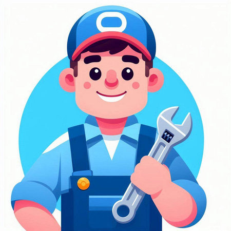 Plumber in uniform holding wrench. Vector illustration in cartoon style.のイラスト素材