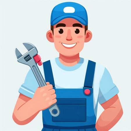 Plumber in uniform holding a wrench. Vector illustration in cartoon styleのイラスト素材