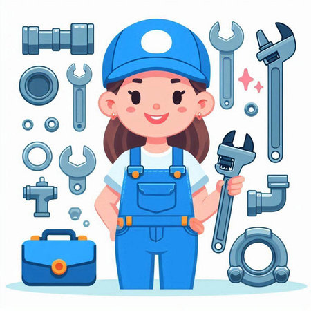 Cute girl mechanic in uniform with tools. Vector illustration in cartoon styleのイラスト素材