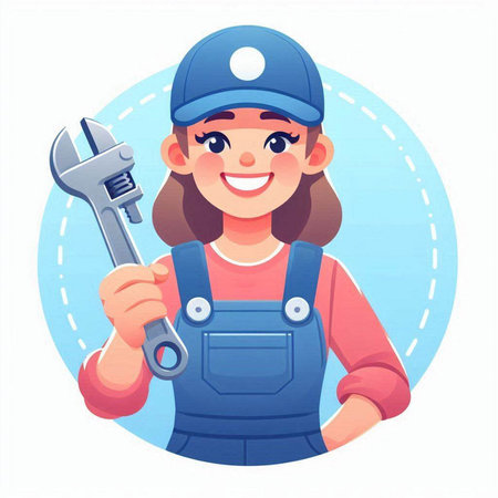 Female plumber in uniform holding wrench. Vector illustration in cartoon styleのイラスト素材