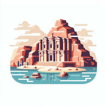 Egyptian temple on the background of the mountains. Vector illustration.のイラスト素材