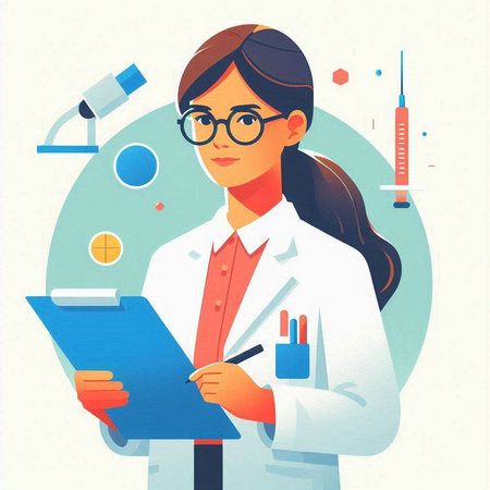 Female scientist in laboratory. Vector illustration in flat style. Medical concept.のイラスト素材