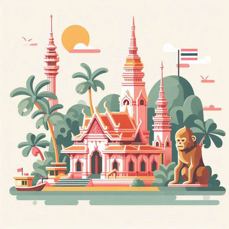 Thai temple with a lion. Vector illustration in flat style.のイラスト素材