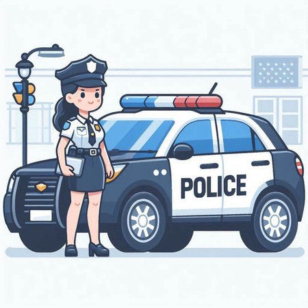 Police officer in uniform standing next to police car. Vector illustration.のイラスト素材