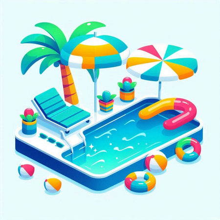 Isometric Swimming pool with umbrella and chair. Vector illustration.のイラスト素材
