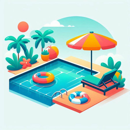 Swimming pool with sun lounger and umbrella. Vector illustrationのイラスト素材