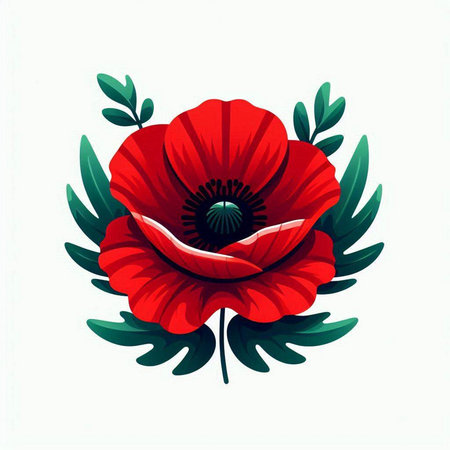 Red poppy with green leaves isolated on white background. Vector illustration.のイラスト素材